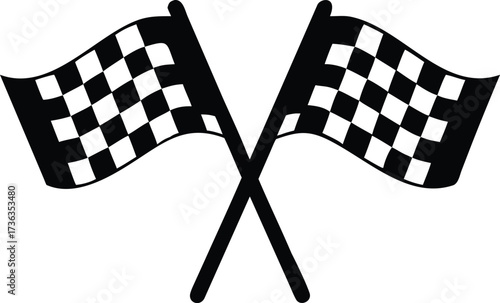 Two crossed black and white checkered racing flags waving in the wind