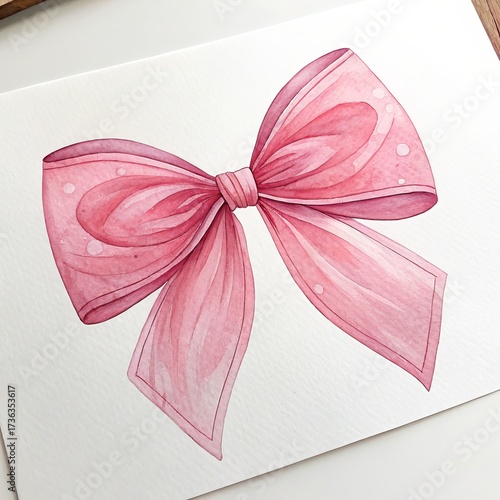 Watercolor Pink Ribbon Bow on Paper, festive, decoration