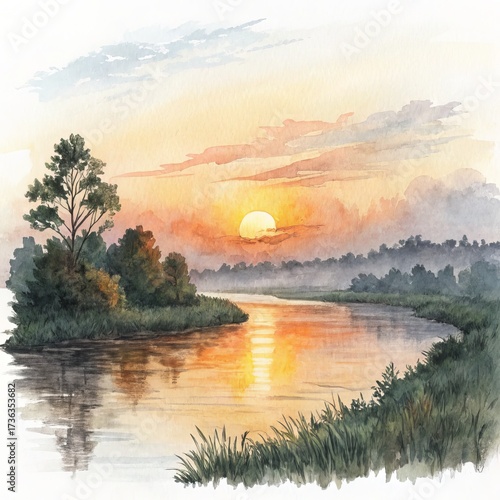 Watercolor River Sunset Calm Water Reflection, Trees, Nature ,Watercolor