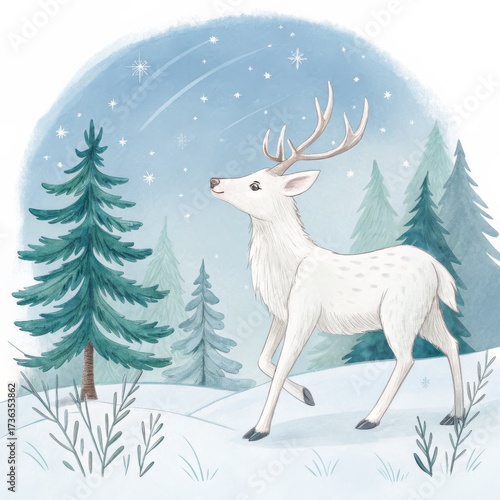 Watercolor White Deer in Snowy Forest Under Starry Sky, Winter, Animals