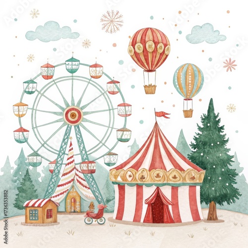 Watercolor Winter Circus Ferris Wheel, Hot Air Balloons, festive tree, Illustration,Fairground, Kids decor