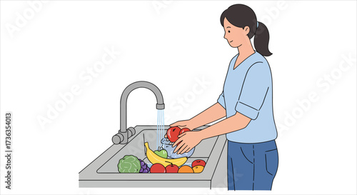 Woman washing fresh produce in a kitchen sink