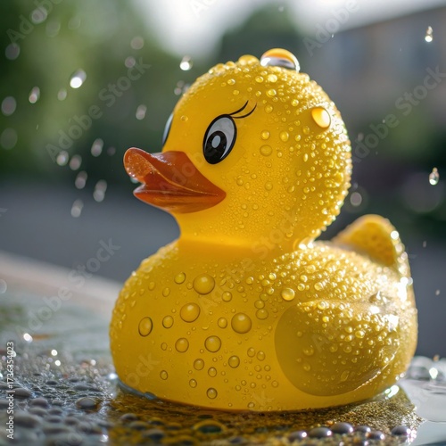 Wet Yellow Rubber Duck, Raindrops, Clean , Bath Toy