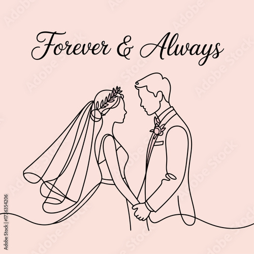Minimal linear illustration of bride and groom holding hands. Delicate wedding details such as a veil and suit outline. Light, whimsical, feminine line style with elegant curves.