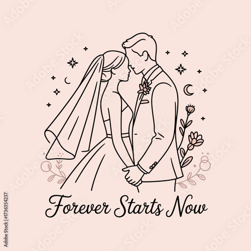 Minimal linear illustration of bride and groom holding hands. Delicate wedding details such as a veil and suit outline. Light, whimsical, feminine line style with elegant curves.