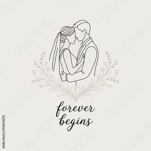 Minimal linear illustration of bride and groom holding hands. Delicate wedding details such as a veil and suit outline. Light, whimsical, feminine line style with elegant curves.