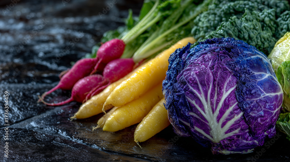 Obraz premium Colorful arrangement of farm-fresh vegetables on black slate surface, natural light illuminating textures and vibrant tones