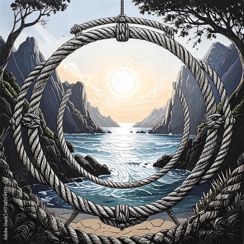 Coastal landscape framed by ropes
