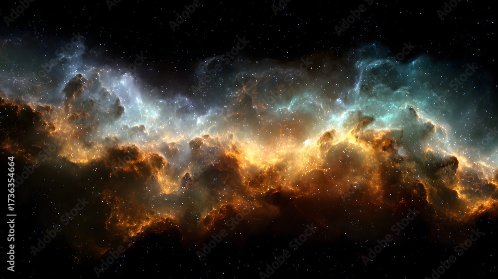 Fototapeta premium Majestic cosmos depiction showcasing a vibrant nebula composed of swirling clouds of gas and dust, illuminated by stellar radiance.