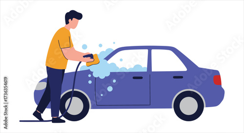 Person Washing a Blue Car with Soap and Water