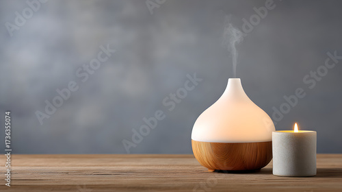 Aromatherapy diffuser with soft light and steam, placed beside a lit candle on a wooden surface, creating a calming atmosphere for relaxation and wellness