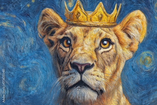 Portrait of a lioness wearing a golden crown against a starry background