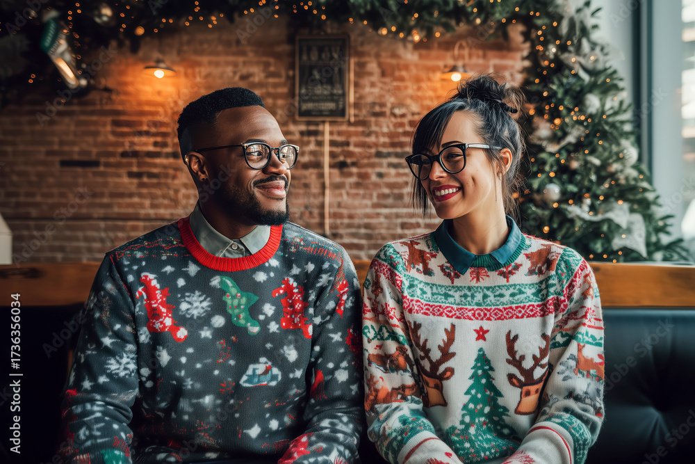 Obraz premium Diverse couple celebrating christmas wearing holiday sweaters