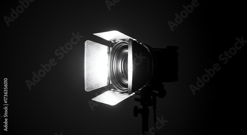 Studio photography spotlight with barn doors on black background professional studio lighting equipment for portrait and product photography