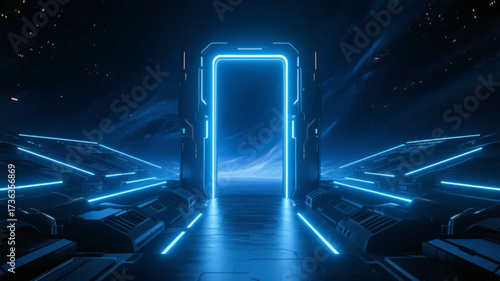 Tech-savvy future world entrance passage blue neon light gate background