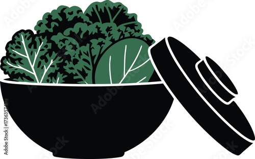 Fresh green salad leaves in a black bowl with lid