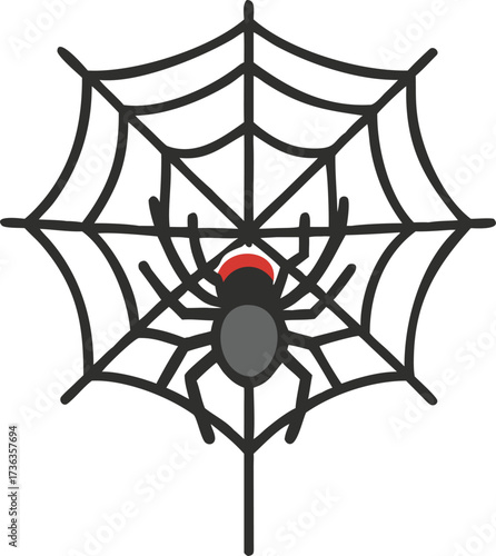 Cartoon depiction of a black widow spider in its web, illustration