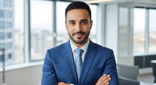 Portrait of a man in a blue suit with arms crossed in front of a window in an office setting