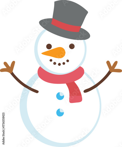 Illustration of a smiling snowman with a top hat and scarf winter holiday