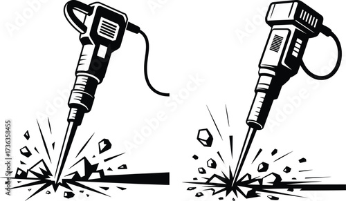 Jackhammer Breaking Concrete Silhouette, Powerful Construction Tool Illustration.