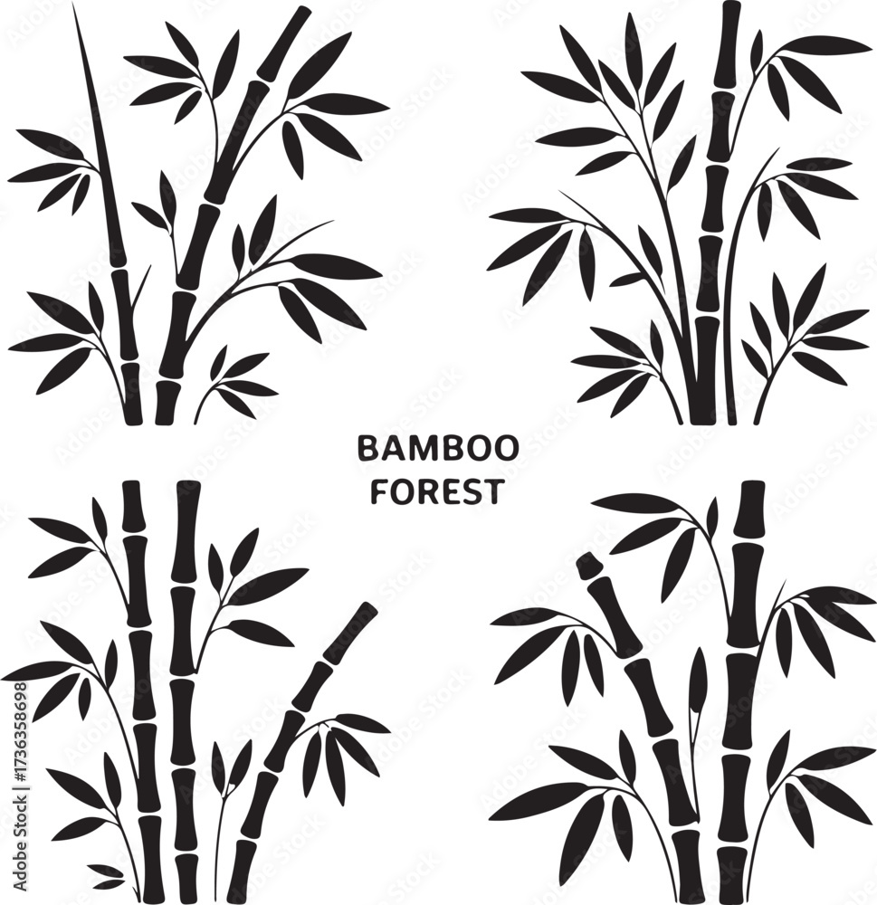 Fototapeta premium Black bamboo stalks with leaves silhouette