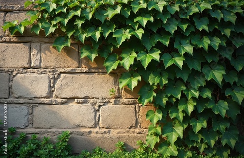 Creeping fig plant with rich green leaves climbs a textured concrete block wall. Sunlight casts shadows on the weathered stone surface creating a natural rustic backdrop.