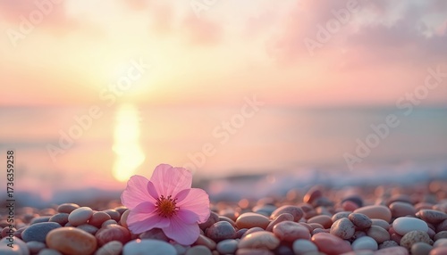 Pink flower on pebbles at peaceful beach during sunrise or sunset. Soft pastel colors of sky, calm ocean waves in background. Serene, tranquil atmosphere at seaside. Gentle light on stones, flower.