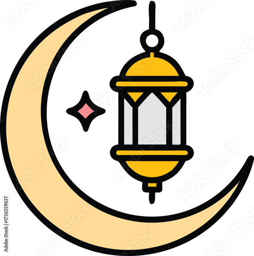 Ramadan themed design featuring a crescent moon, star, and hanging lantern