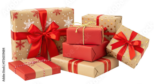 Isolated gifts for holidays like Christmas, stacked presents with bows, seasonal celebration