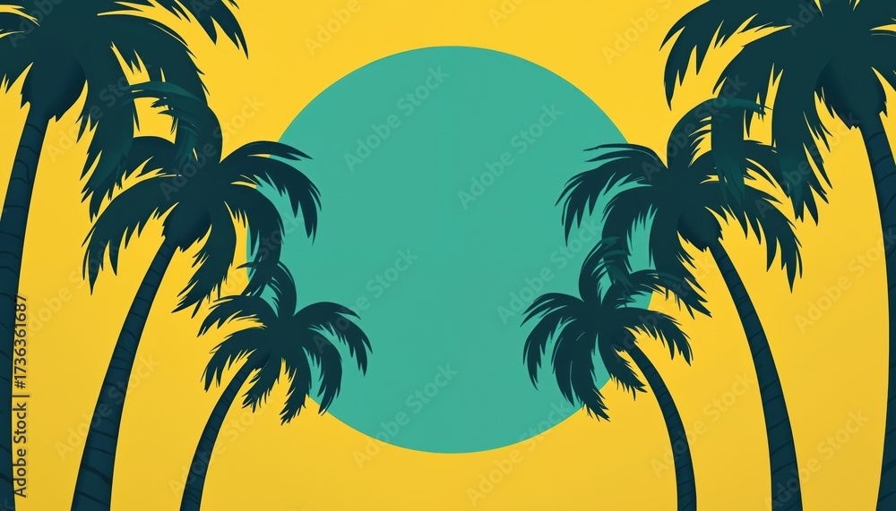Fototapeta premium Silhouetted palm trees frame a teal circle against a bright yellow background. This graphic evokes a tropical vibe, perfect for summer vacation or resort promotion.