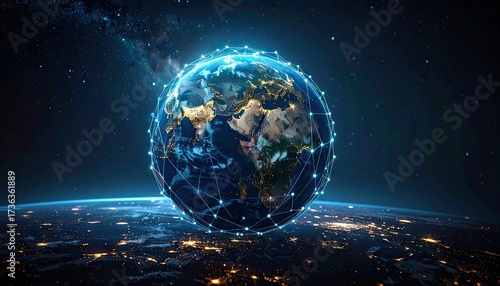Global Network Visualization of Earth with Bright City Lights and Constellations in Deep Space Environment Digital Globe with Connectivity Points