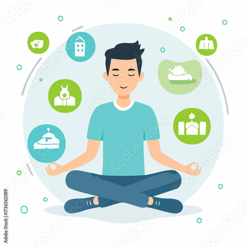Man in lotus yoga pose vector illustration sitting and meditating calm and peaceful design