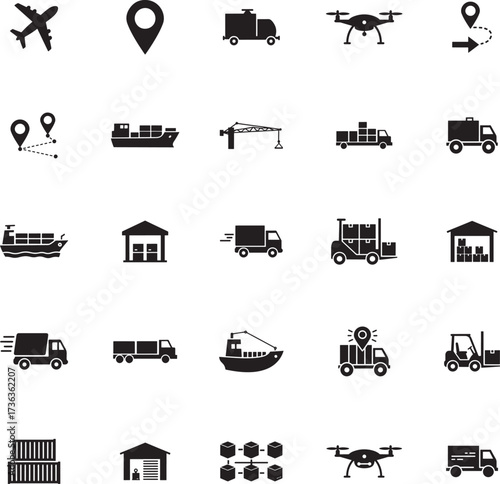 Global Logistics and Supply Chain Icons Silhouette Set