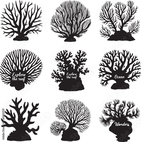 Black coral silhouettes with text white ocean