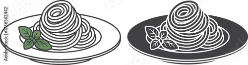 Hand drawn illustration of two plates of spaghetti with basil