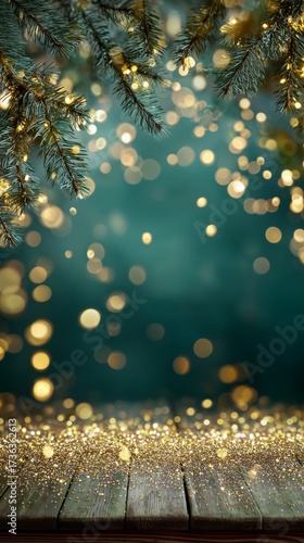 Magical Christmas Background wooden table with a dark green background and golden lights, with Fir Branches and Golden Bokeh Lights