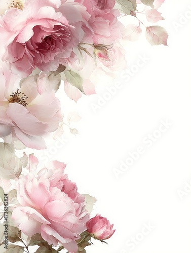 Elegant wallpaper pattern adorned with blooming soft pink climbing roses, dreamy and romantic