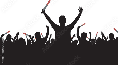 Silhouette crowd cheering, glow sticks raised, energetic celebration, concert vibe, unity in motion, night event, people dancing, festive atmosphere, music fans, joy