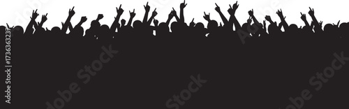 Silhouette crowd pointing upward, raised arms, celebration energy, unity in motion, cheering people, rally scene, expressive gesture, public gathering, night event, support
