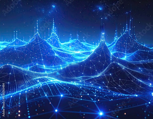 Glowing Blue Bioluminescent Abstract Landscape with Data Network Futuristic Lines Deep Blue Tones and Illuminated Particle Accent at Night