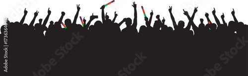 Silhouette crowd with glow sticks, raised hands, celebration energy, unity in motion, concert atmosphere, public gathering, expressive gesture, night event, festive vibe