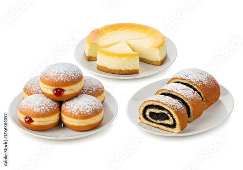 Assortment of delicious sweet pastries including doughnuts cake and poppy seed roll