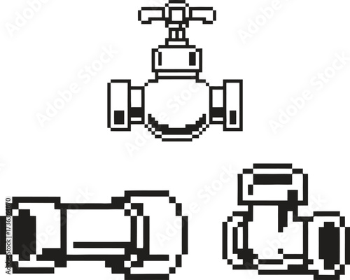 Pixel art illustration of plumbing pipe fittings and valve