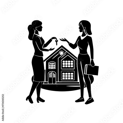 A real estate concept is depicted in a flat cartoon design featuring people, where a woman is handed the keys to her new home, and a realtor promotes their agency's services