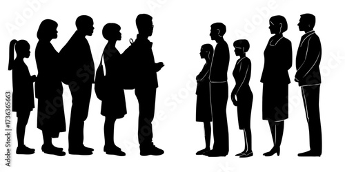 A multiracial group of people, including a girl with her mother, an elderly man and woman, students, and a businesswoman, stand in a queue, as depicted in a modern flat illustration