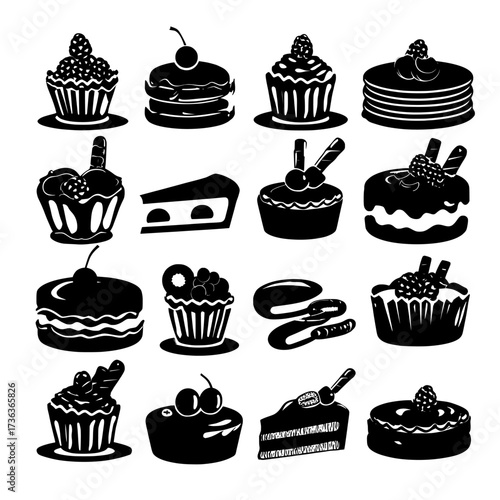 A modern set of isolated game icons showcases a variety of cakes, sweets, and desserts, including pastry, cupcakes, and macaroons with toppings