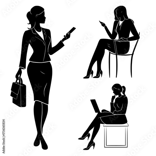 The illustration set features a woman worker in different poses, including a businesswoman with a bag and phone, highlighting a girl employee's busy daily routine at the office