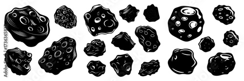 A realistic modern illustration of stone asteroids, featuring meteor or space boulder icons with craters, isolated on a white background in various forms