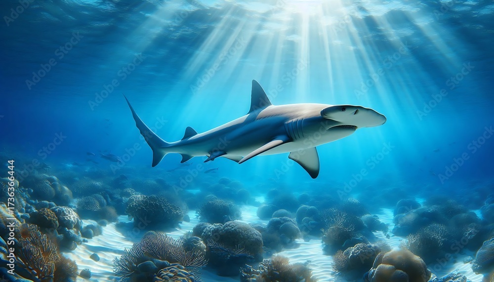 Fototapeta premium Realistic hammerhead shark swimming in clear blue ocean with natural sunlight.