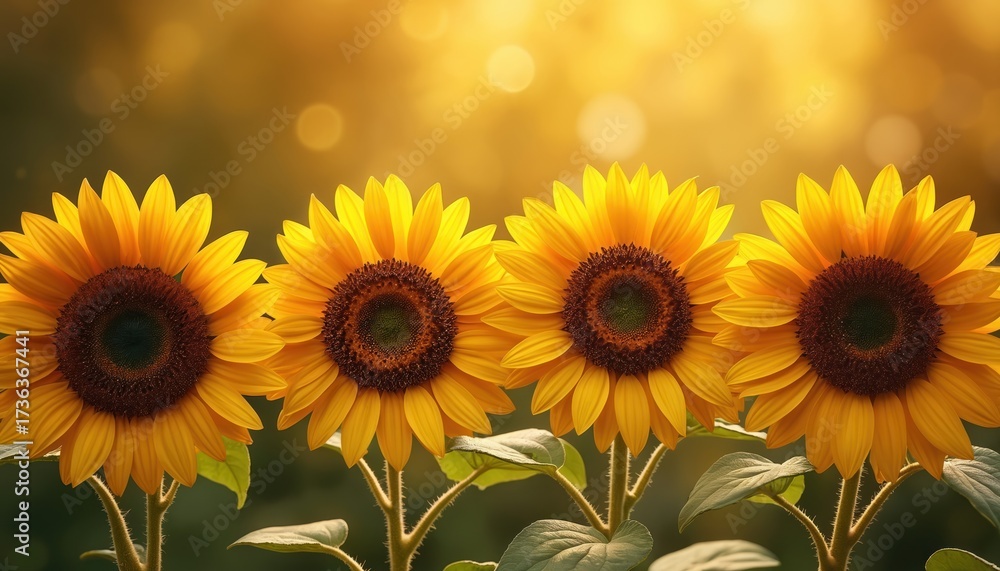 Obraz premium Four bright yellow sunflowers stand in a row against a blurred golden bokeh background. Their large petals and dark centers are detailed. Green leaves are visible below.